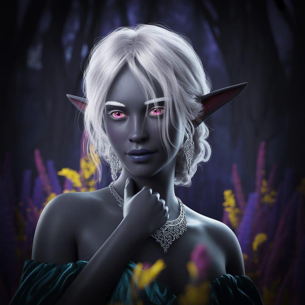 Elegant Elf Portrait with White Hair and Pink Eyes in Ancien...