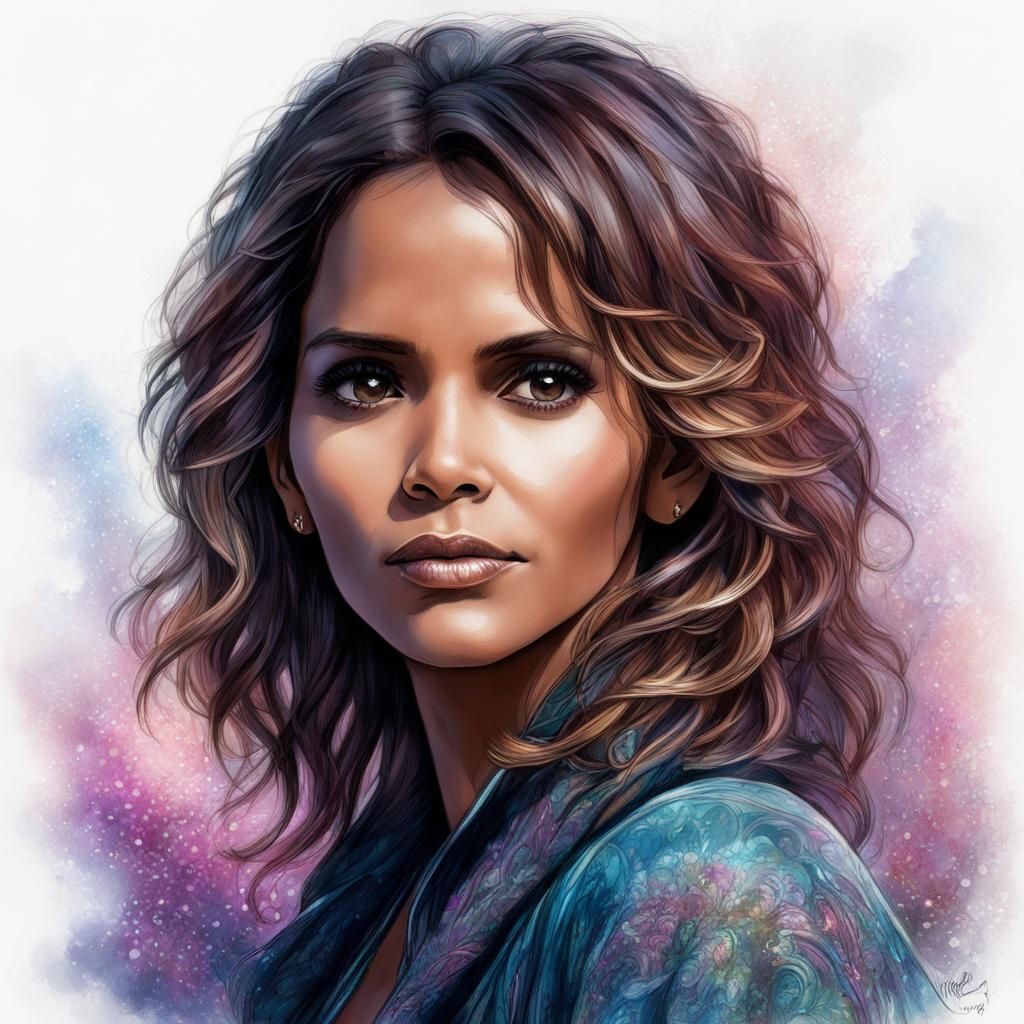 colorful Pencil sketch of A beautiful Halle Berry