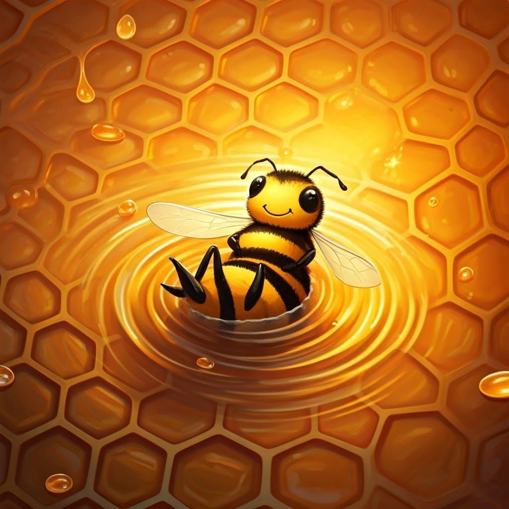 Joyful Bee in Honey Pool, Whimsical Artistic Style