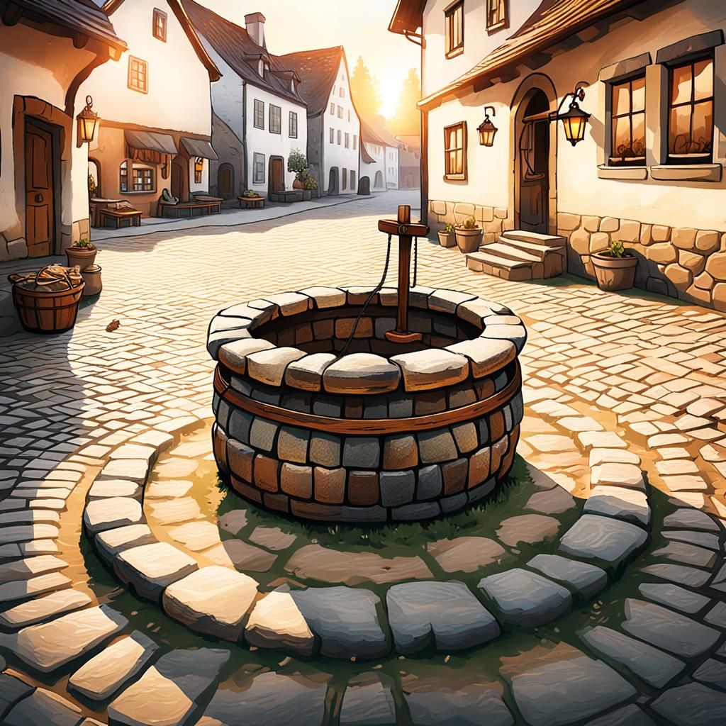 Quaint Village Well in Golden Hour