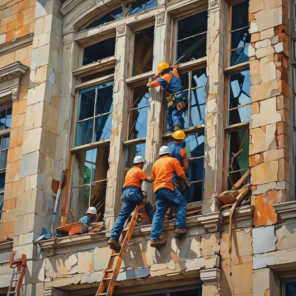 Construction Workers in Mansion: Impressionistic Painting