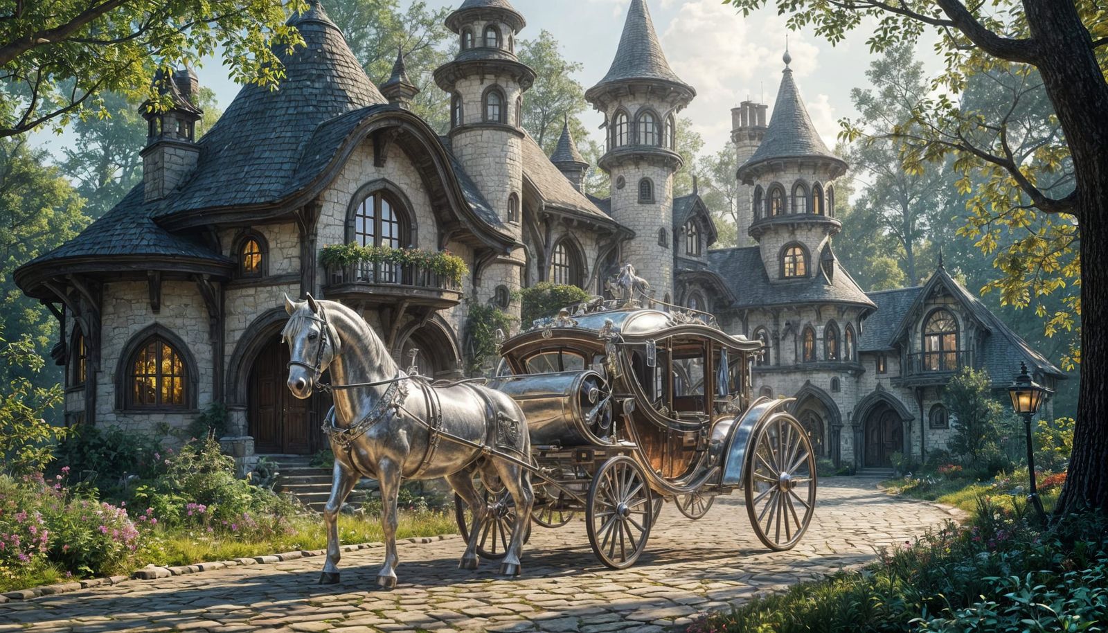 Antique Silver Carriage Before Whimsical Elven Cottages