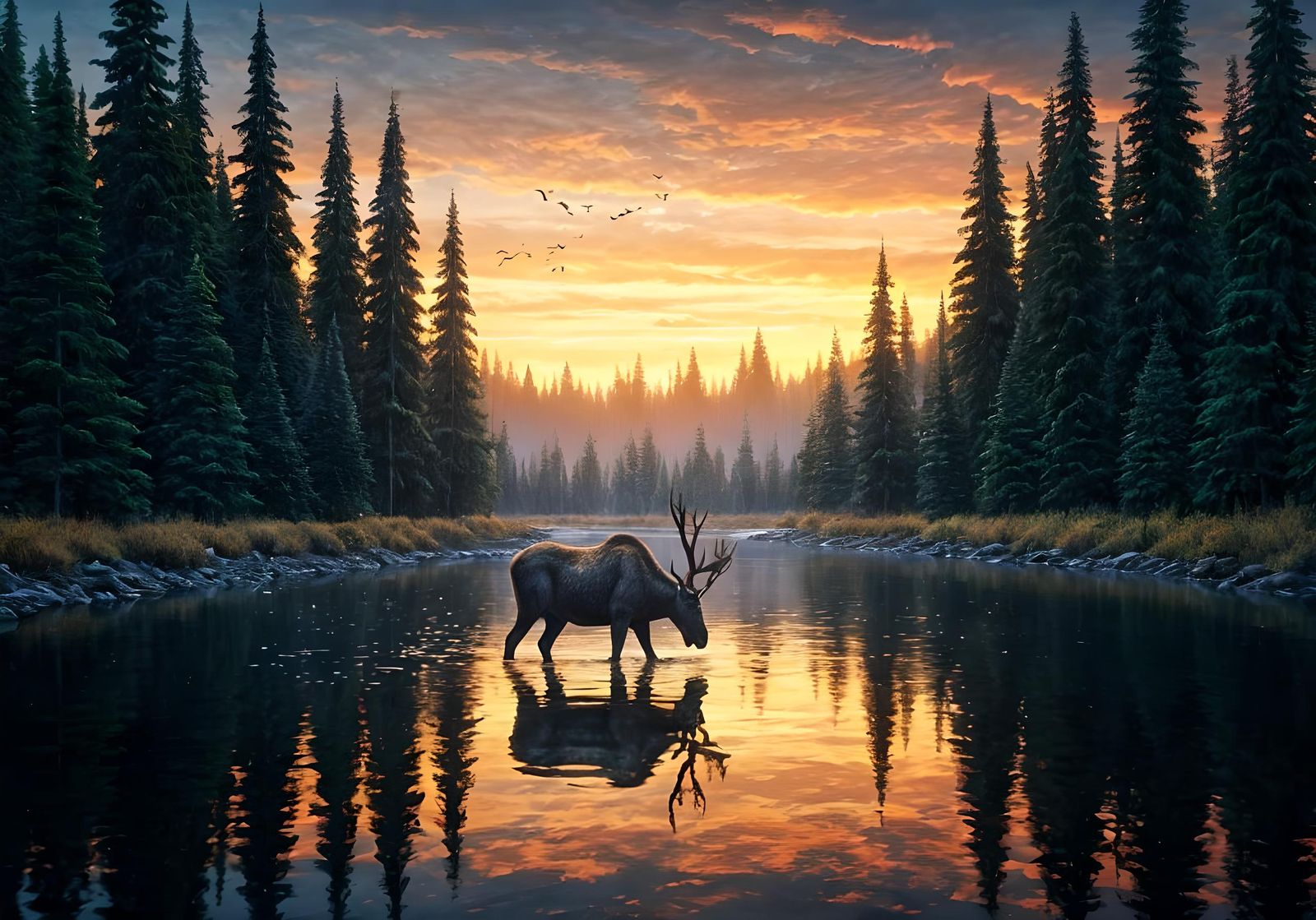 a moose wading in a river with the forest around the river. Sunset with orange, pink and yellow sky. reflections, intric...