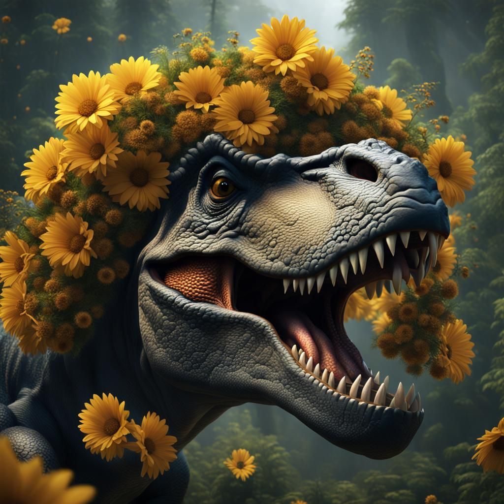 Dinosaur with Flower Wreath: Photorealistic Digital Art