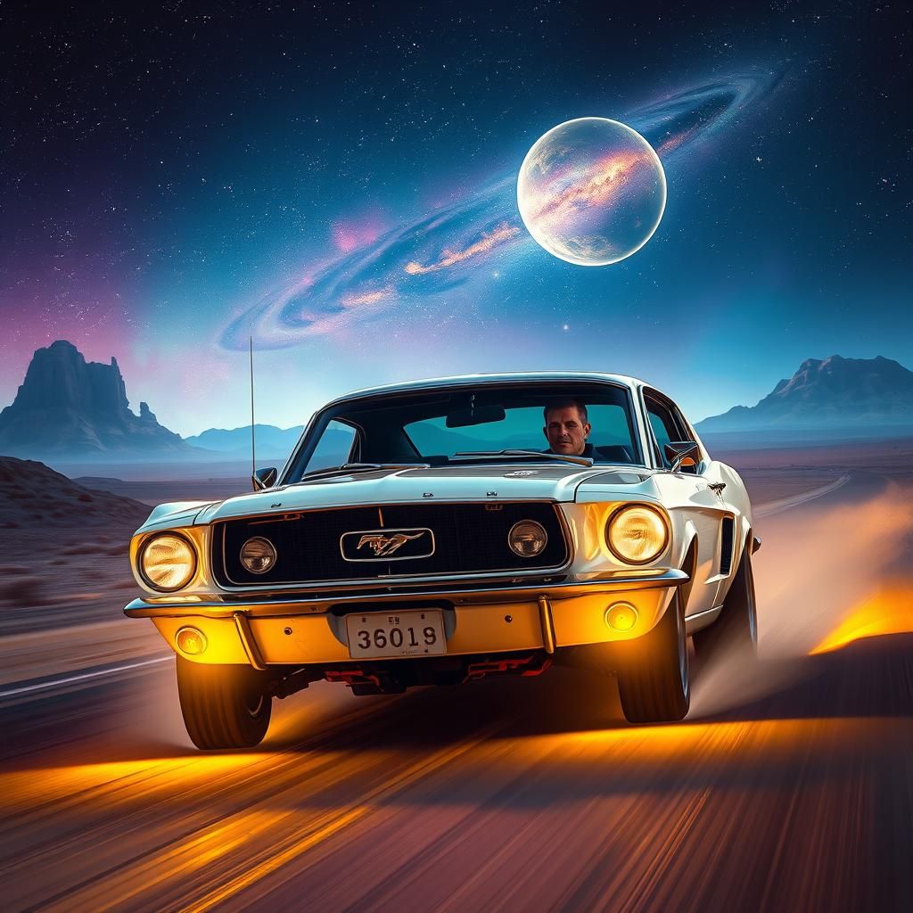 1968 white Ford Mustang driving through an alien landscape.