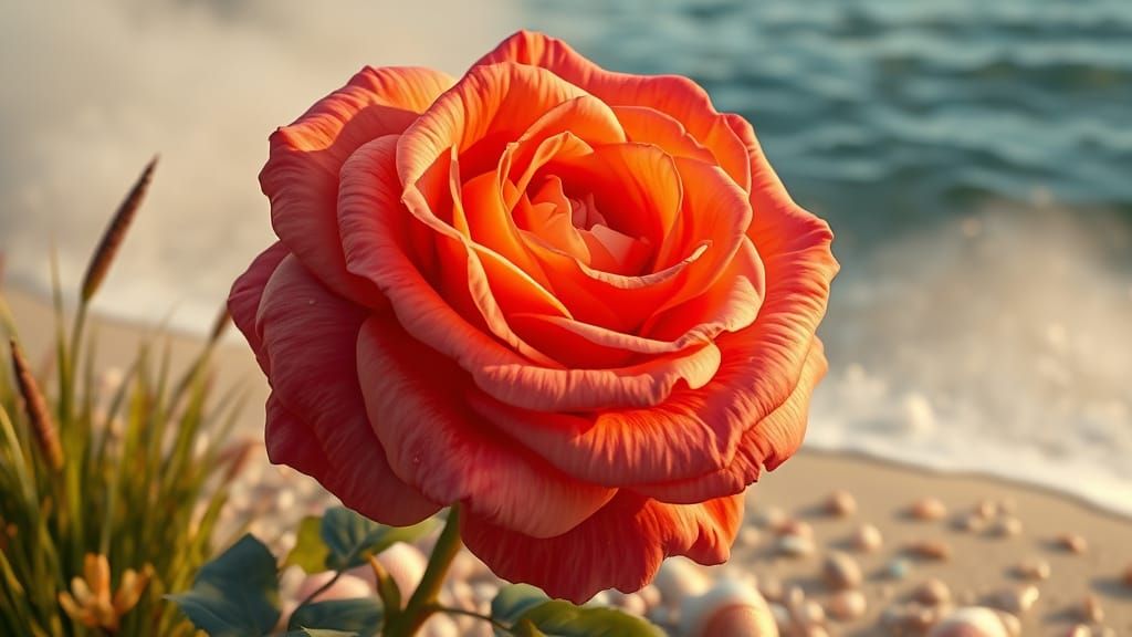 Ethereal Coral Rose Blossoms Amidst Coastal Serenity