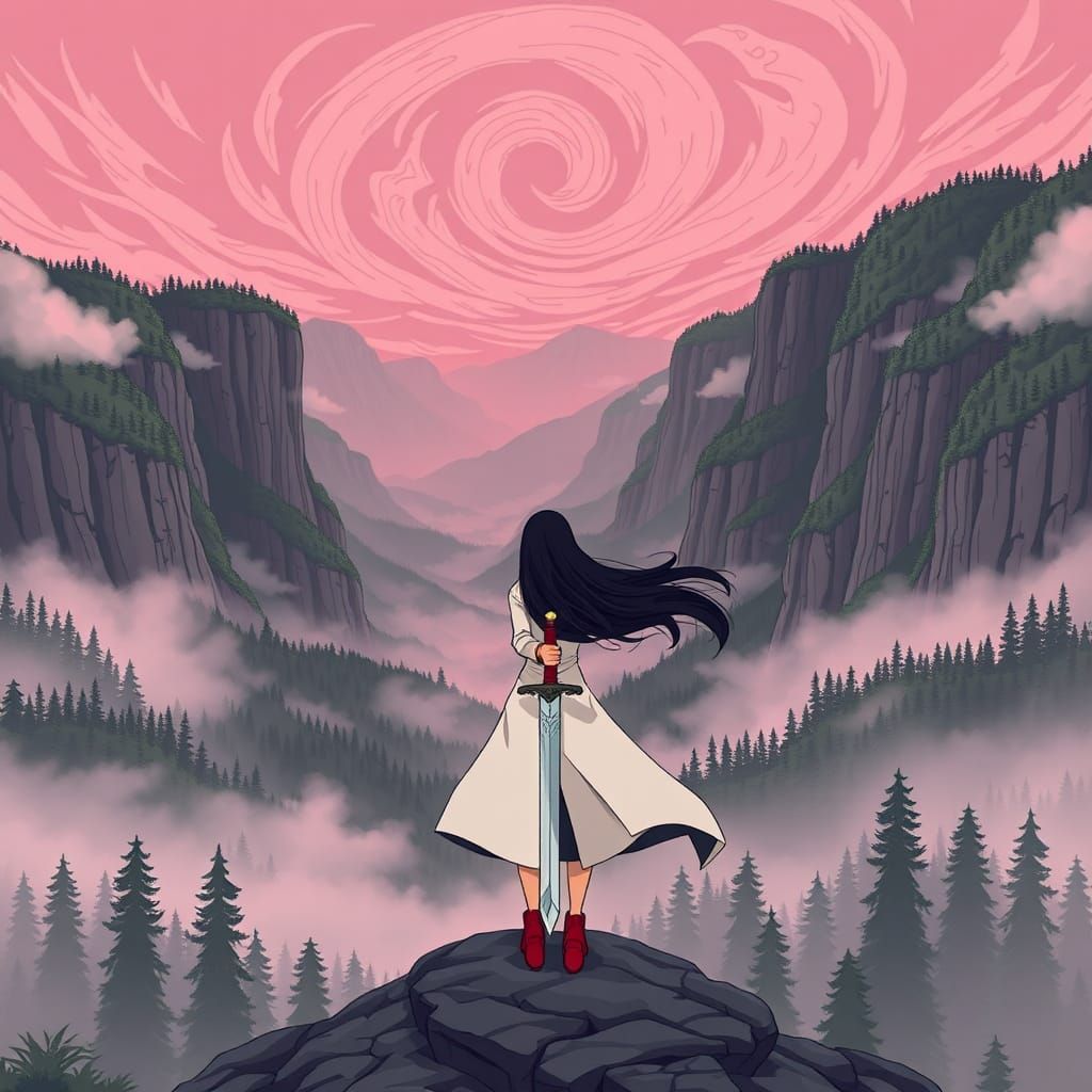 Anime Woman with Sword at Mountain Valley Edge