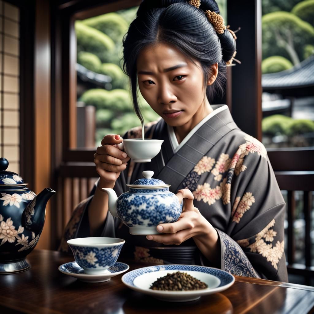 Black Japanese Woman Drinking Tea in HDR