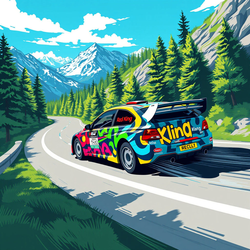 Rally car wrapped in "kling i klang" artwork
