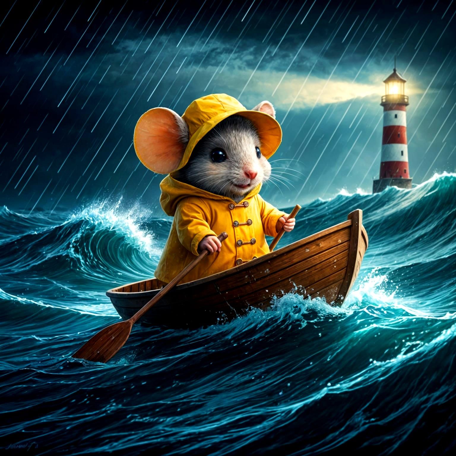Mouse in Raincoat Navigates Stormy Seas