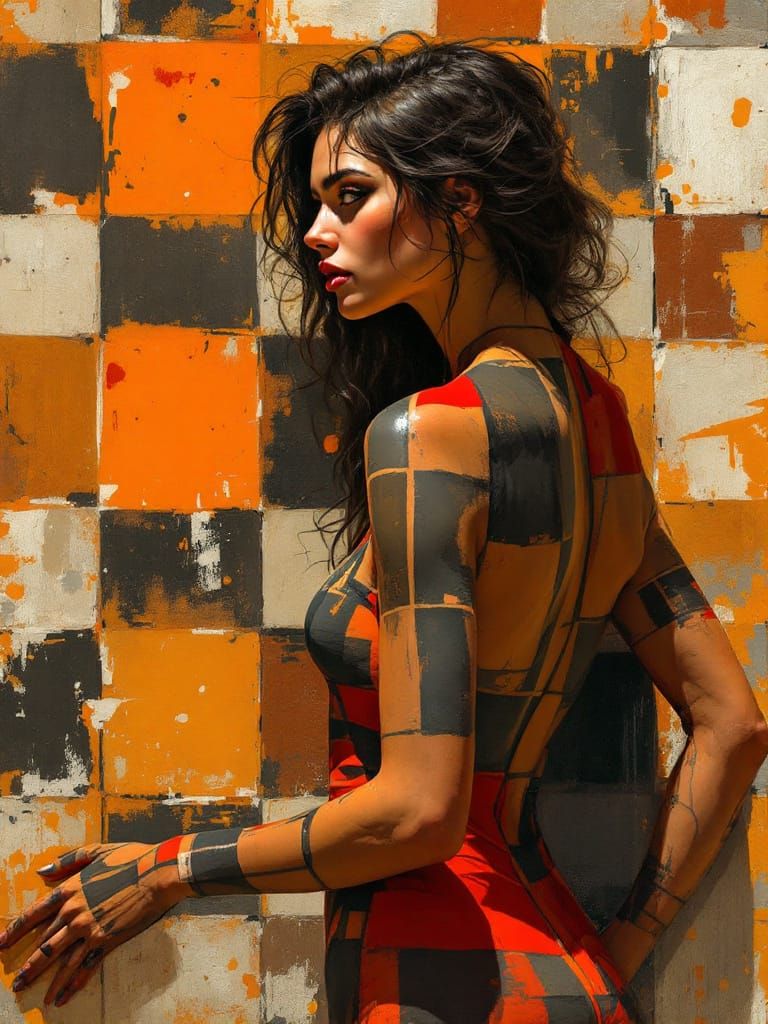 Woman's Profile Merges With Geometric Wall Art in Warm Glow