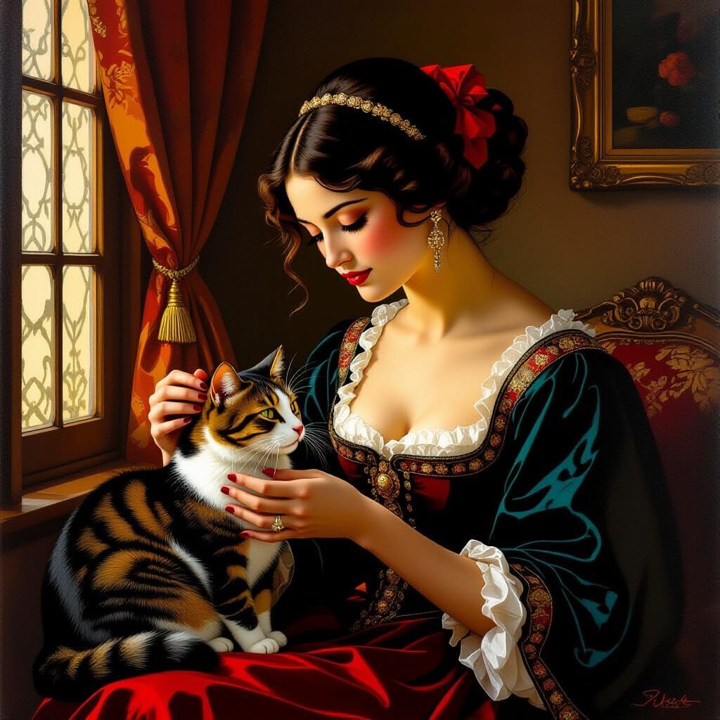 Woman Feeding Cat in Pop Art Style