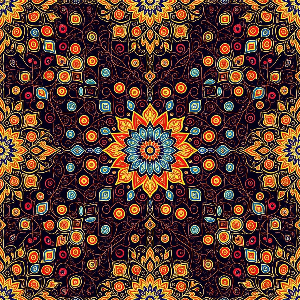 Psychedelic Mosaic of Cultural Motifs in Mixed Media