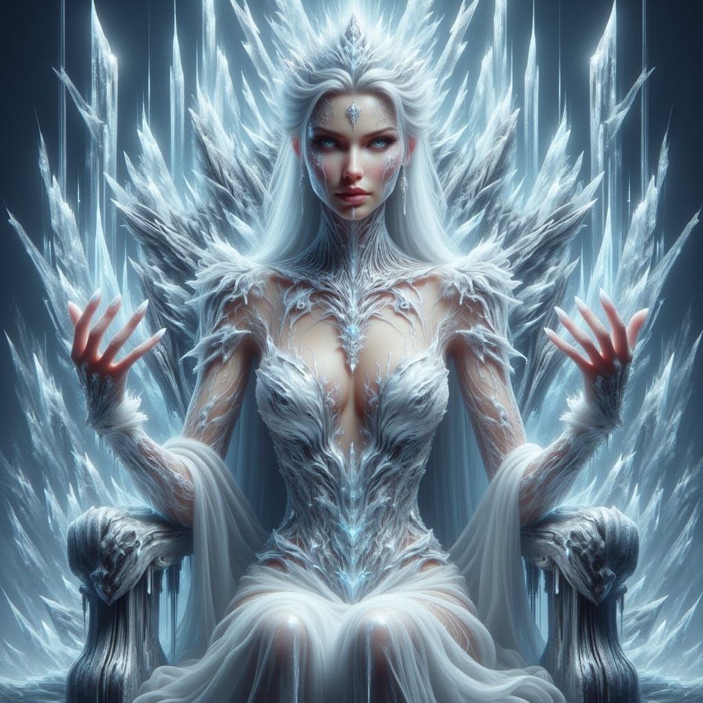 Ethereal Snow Queen in Frost-Adorned Majesty