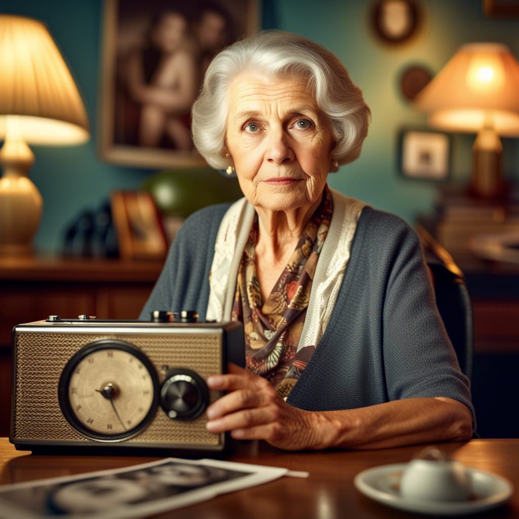 Nostalgic Portrait of Woman with Photo and Radio
