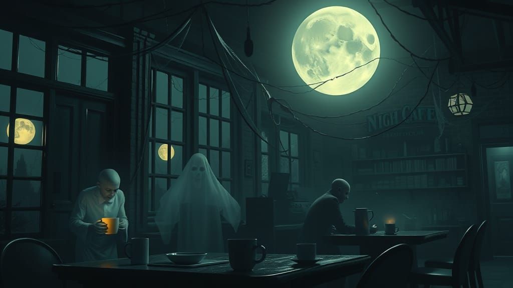 Spooky Abandoned Coffeehouse Bathed in Eerie Moonlight