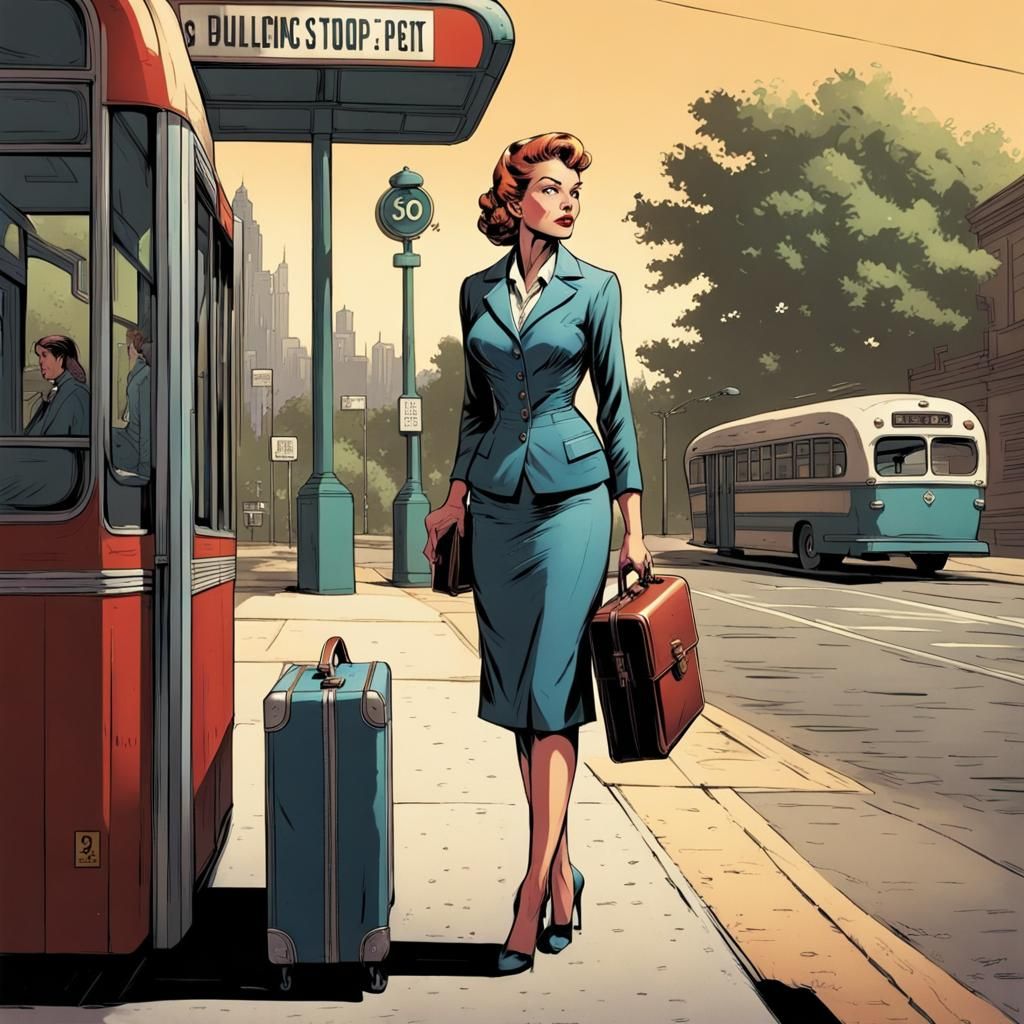 Vintage Woman at Bus Stop in Comic Art Style