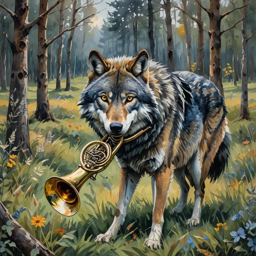 Wolf Playing Horn: Impressionist Gouache Watercolor