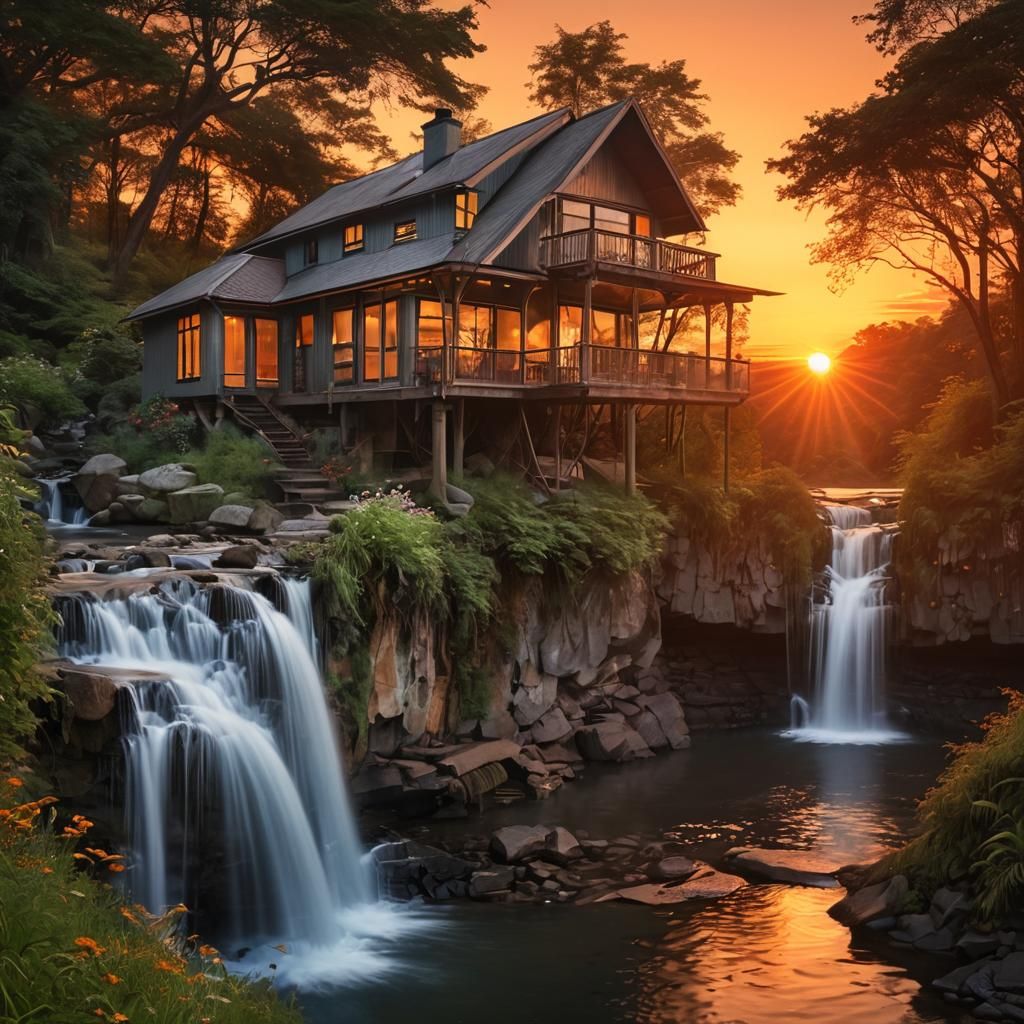 Surreal Sunset Waterfalls Merge in Perfect Harmony