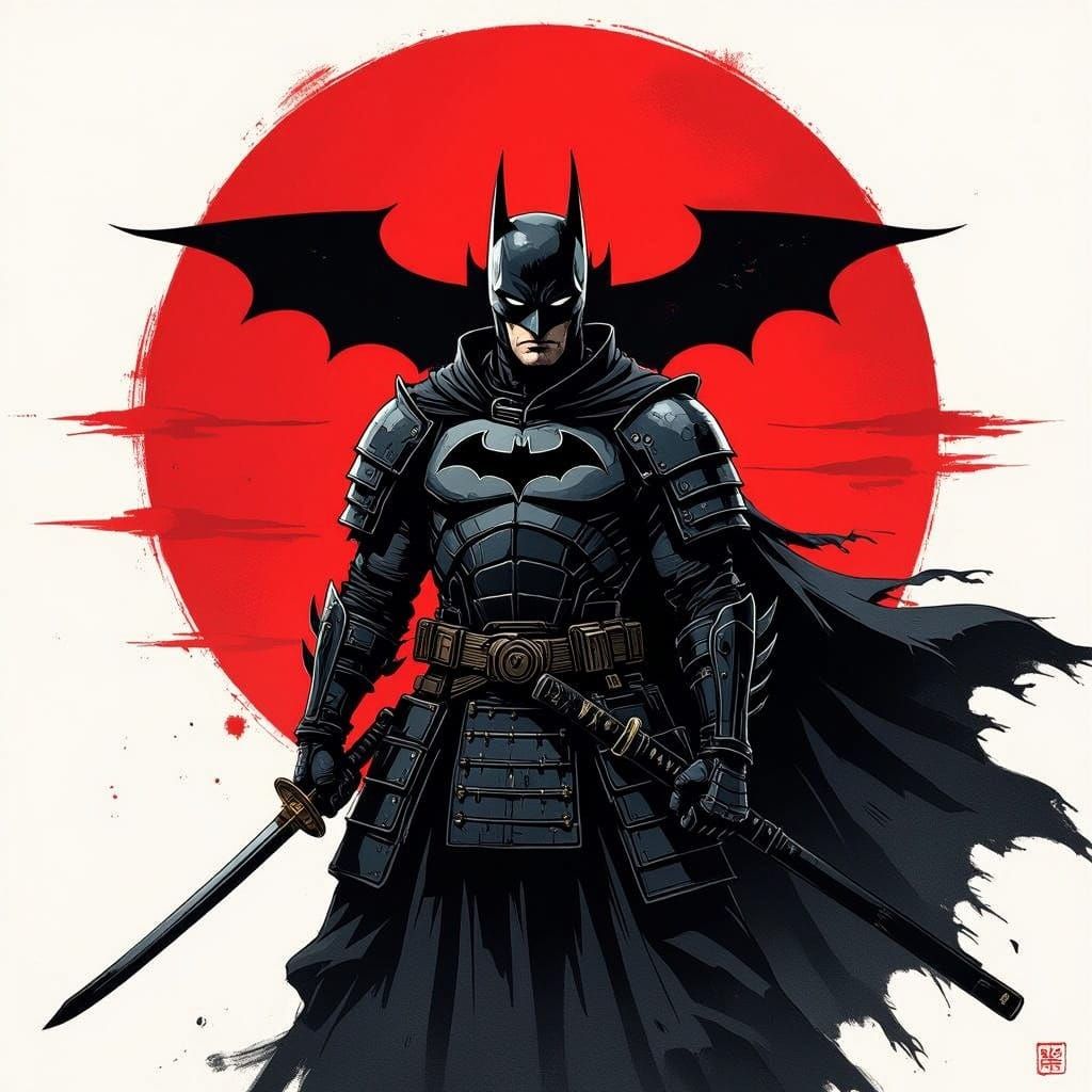 Batman as a Powerful Japanese Warrior in Charcoal Illustrati...