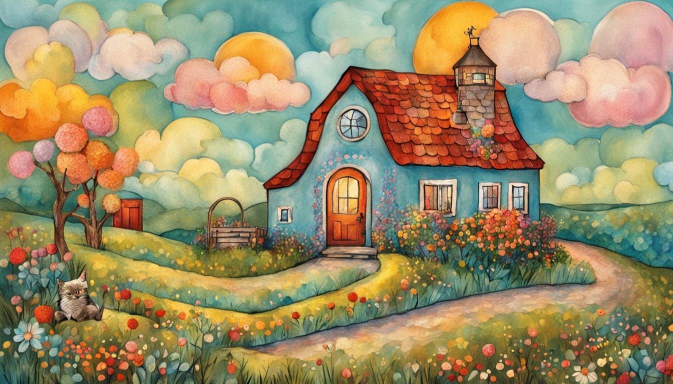 Whimsical Farmstand with Cat in Patchwork Ink Style