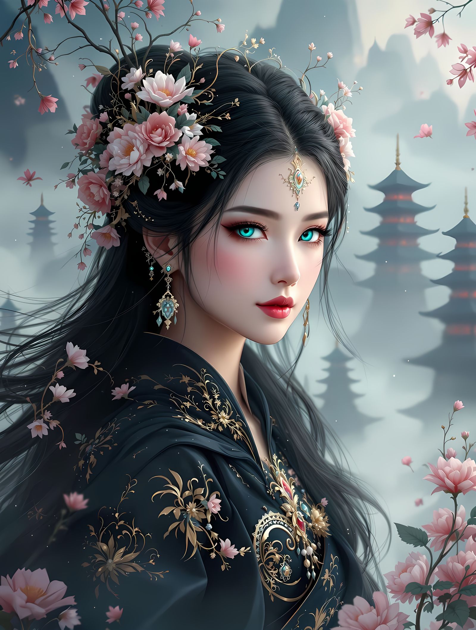 Ethereal Asian Goddess in Mystical Pagoda Landscape