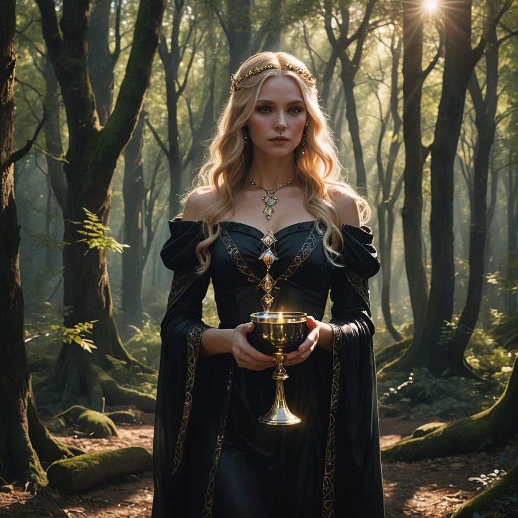 Goddess with Chalice in Forest Clearing