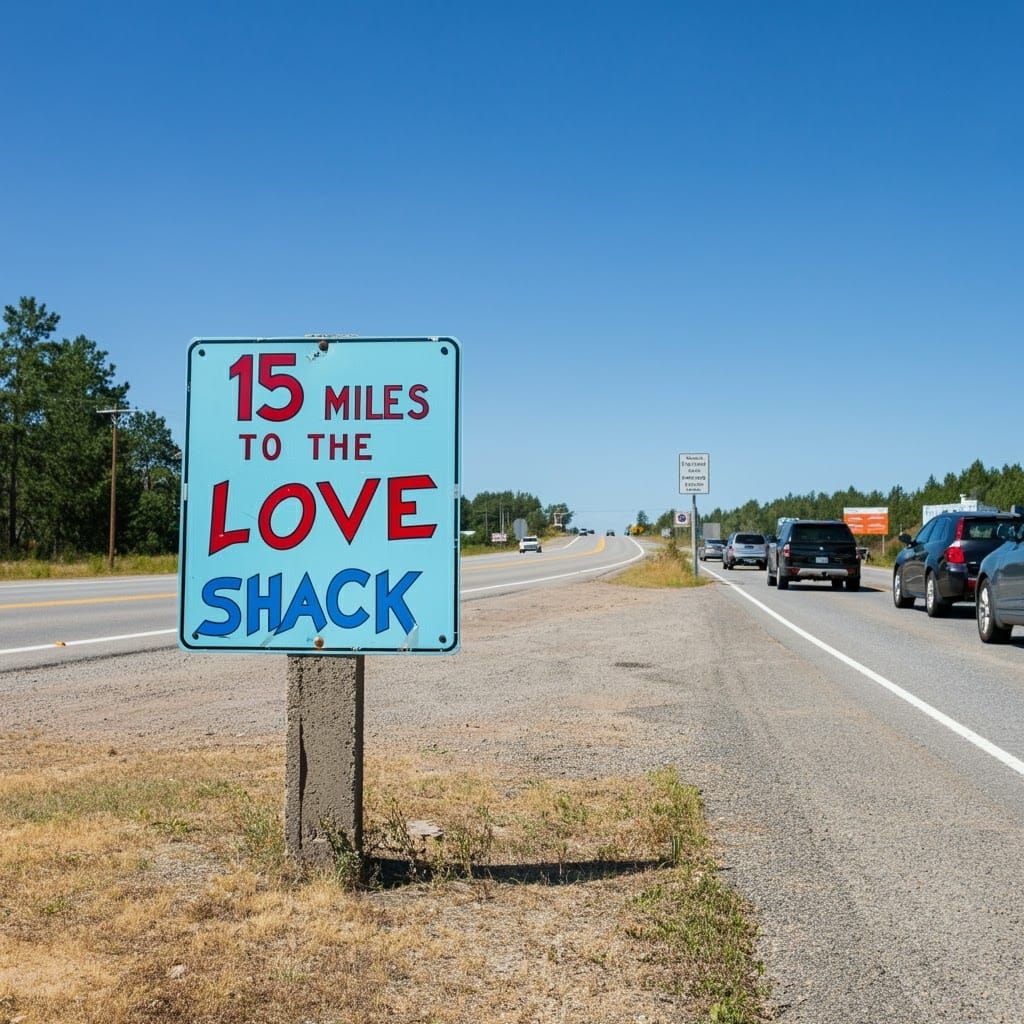 Vintage Roadside Sign: 15 Miles to Love Shack