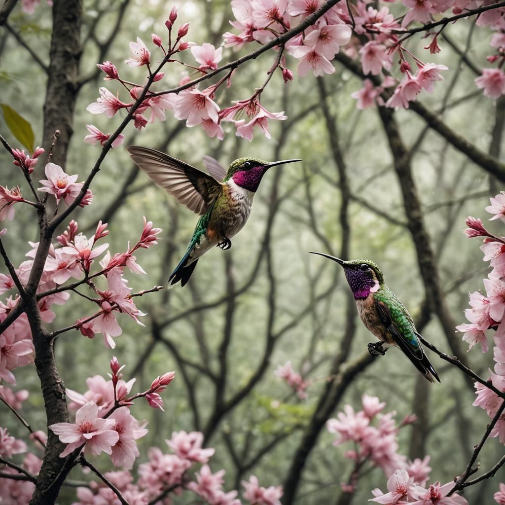 Hyperrealistic Hummingbird Feeds in Cherry Blossom Forest