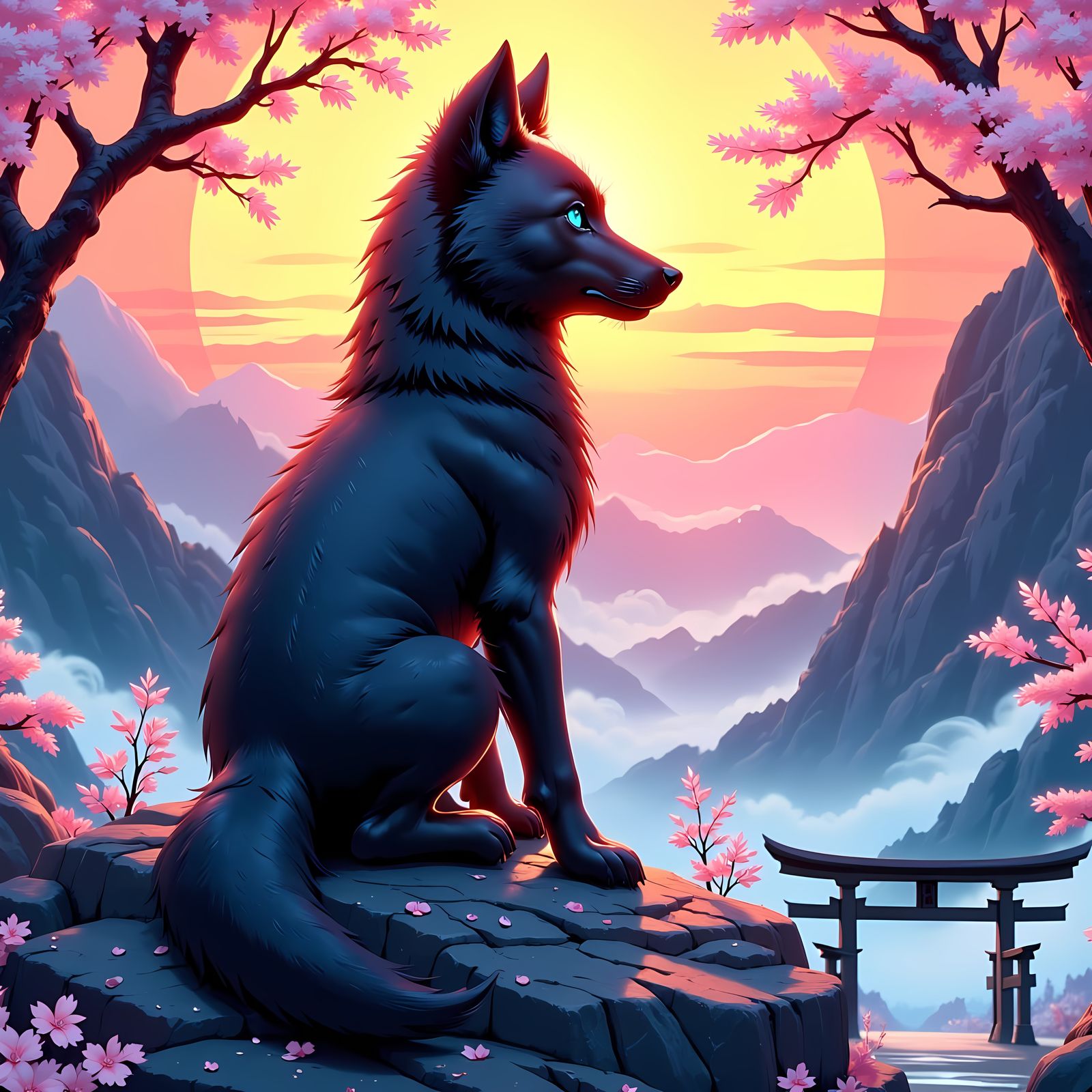 Majestic Wolf Pup Stands Heroically on Misty Mountain Peak