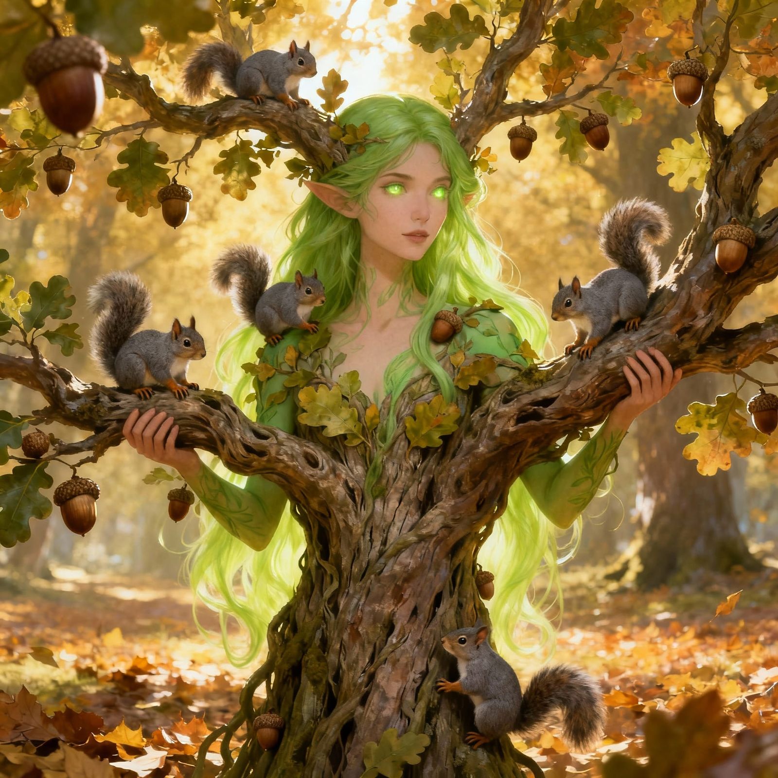 Dryad with Lime Green Hair Among Oak Branches and Squirrels