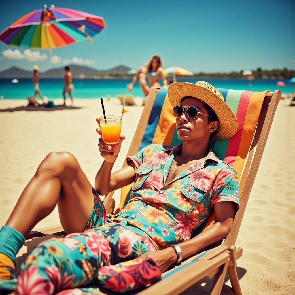 Ape on Beach with Cocktail in David Hockney Style