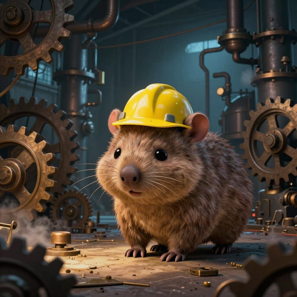 Adorable Wombat Explores Whimsical Industrial Factory