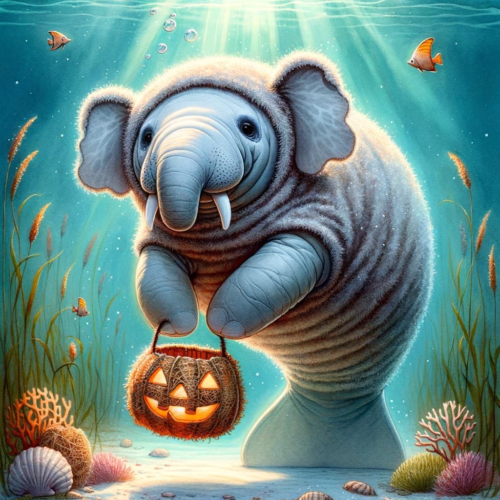 A manatee dressed in an elephant costume for Halloween, floating gracefully underwater. The costume includes a soft gray...