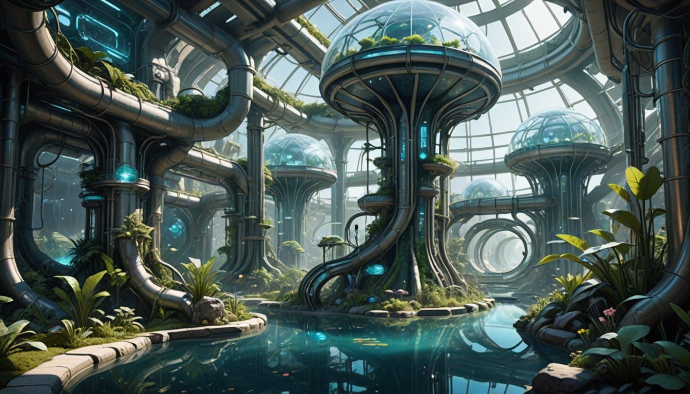 Futuristic Underground Water Plant with Bioluminescent Accen...