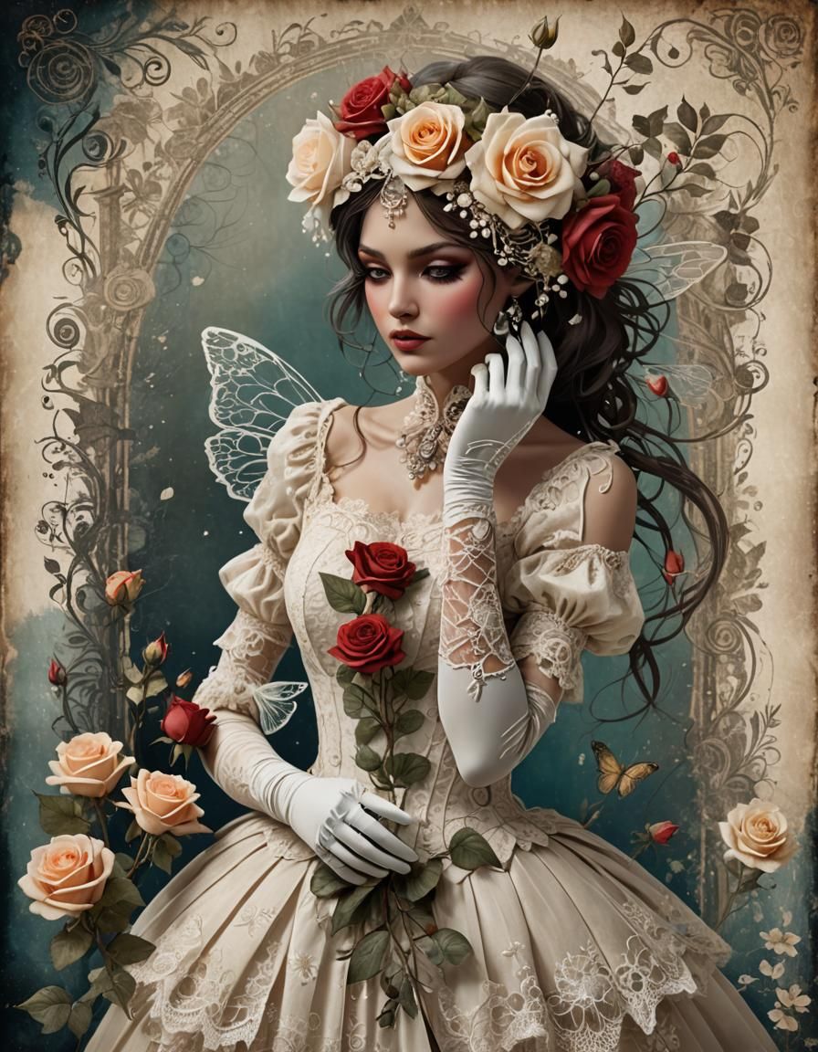 Vintage Grunge Fairy with Lace and Roses