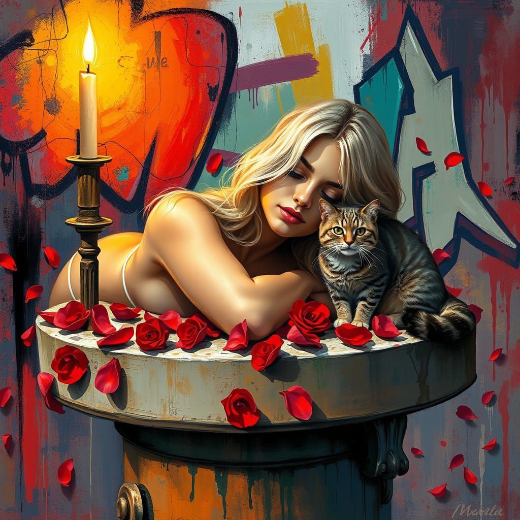 Surrealist Street Art Scene with Blonde Woman, Cat, and Vibr...