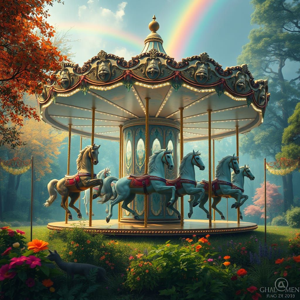 Enchanted Carousel in Forest with Rainbow