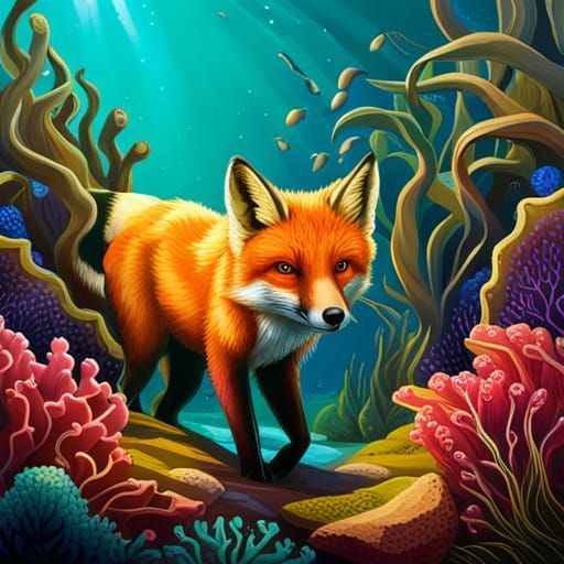 Golden Foxes on Coral Reef: Hyperrealistic Splash Art