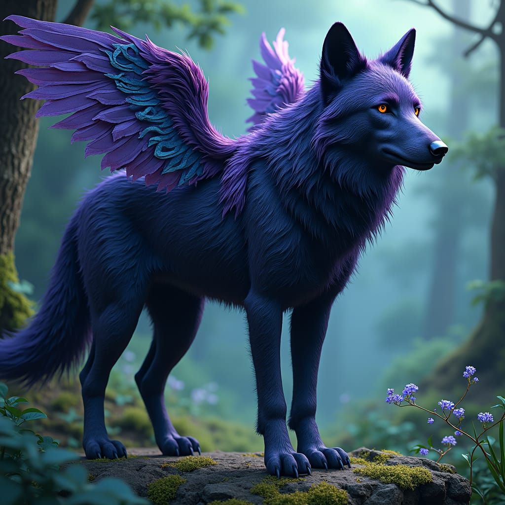 Winged Queen Wolf in Celtic Fantasy Landscape