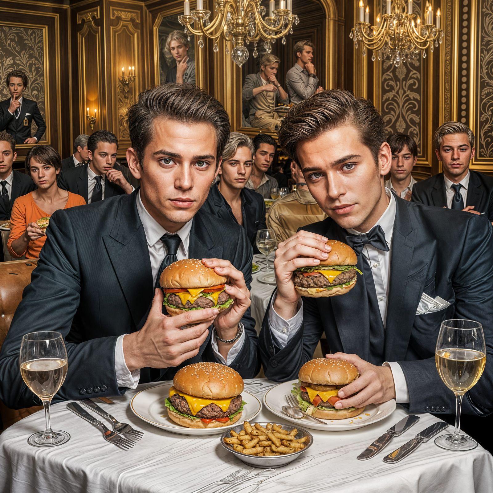 Upscale Dining Intrigue: Handsome Men at Fancy Restaurant