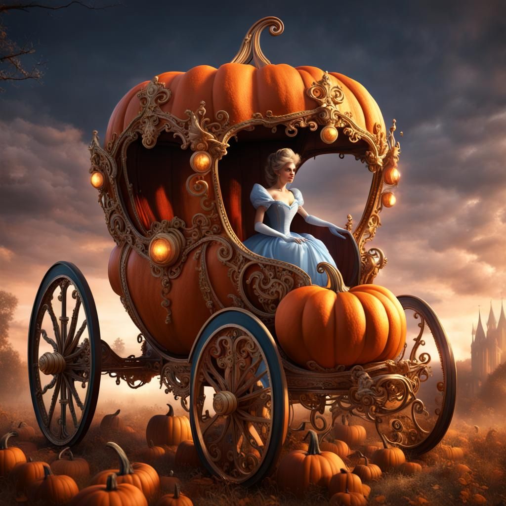 Queen Cinderella in Pumpkin Carriage: Detailed Fantasy Art