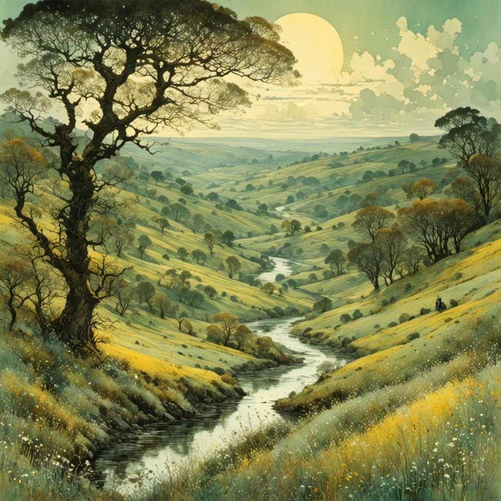 Idyllic River Valley in Impressionist Style