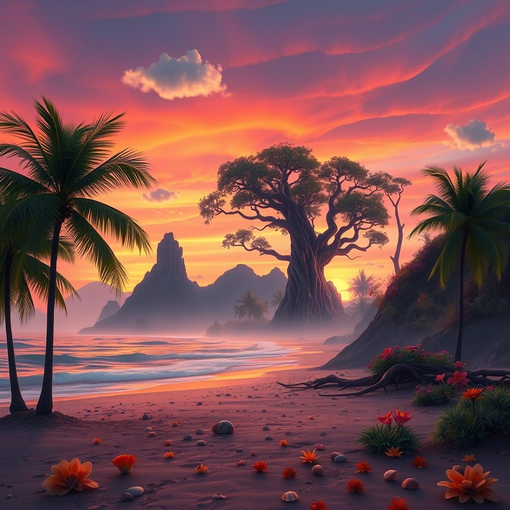 Surreal Tropical Beach Scene at Sunset with Palm Trees and F...