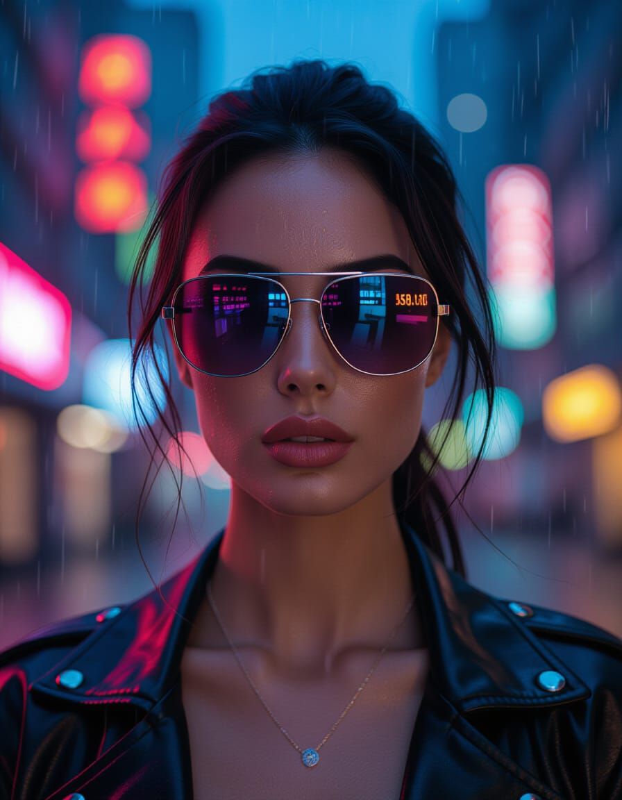 Cyberpunk Woman with Enhanced Sunglasses in Neon City