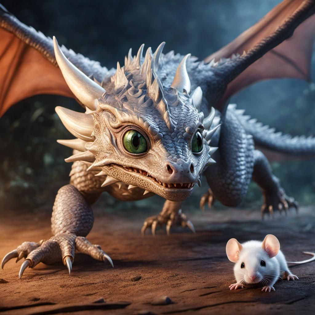 Adorable Anime Dragon Chasing Mouse in Digital Art