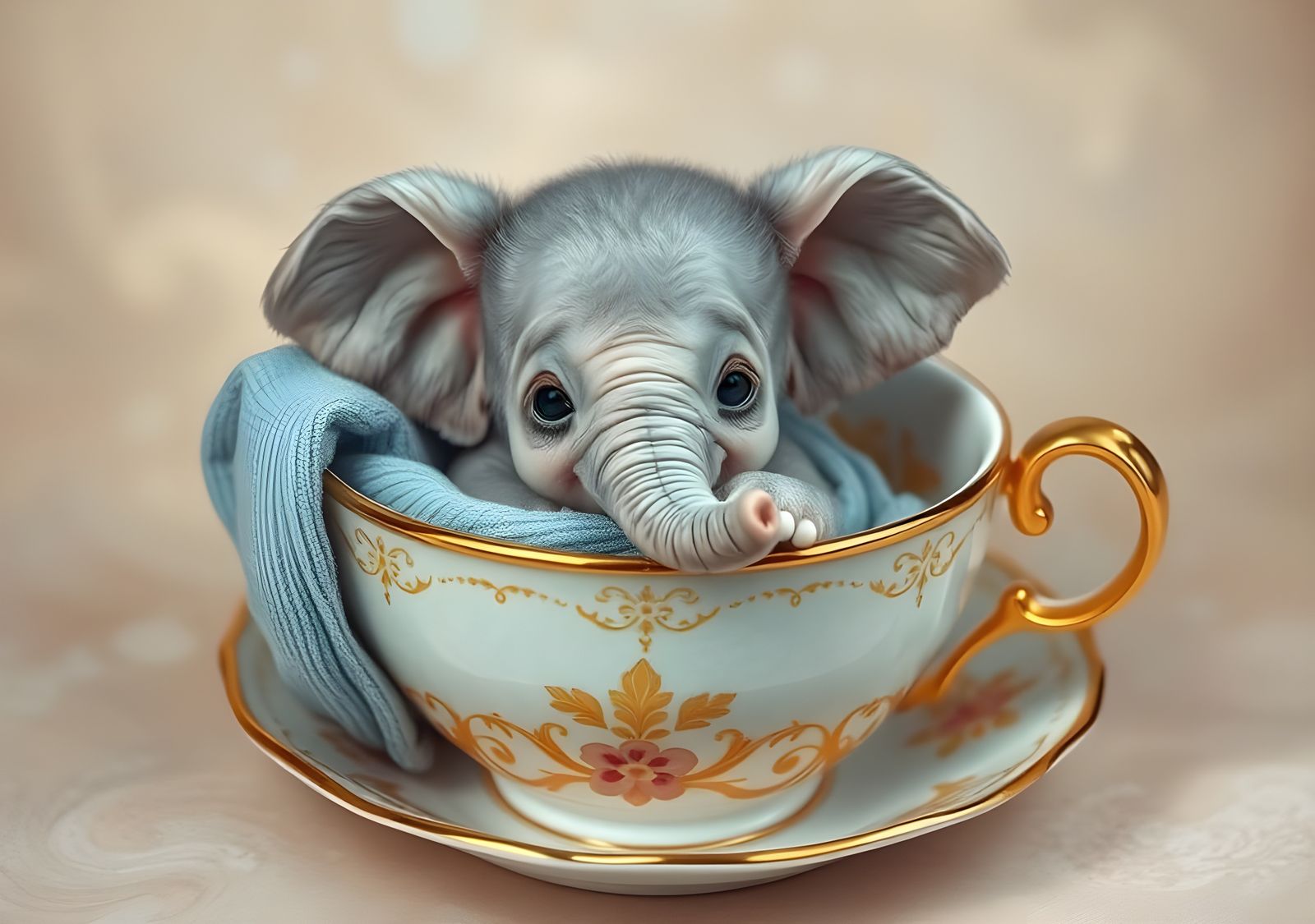 Baby Elephant Relaxing in Teacup: 3D Acrylic Art