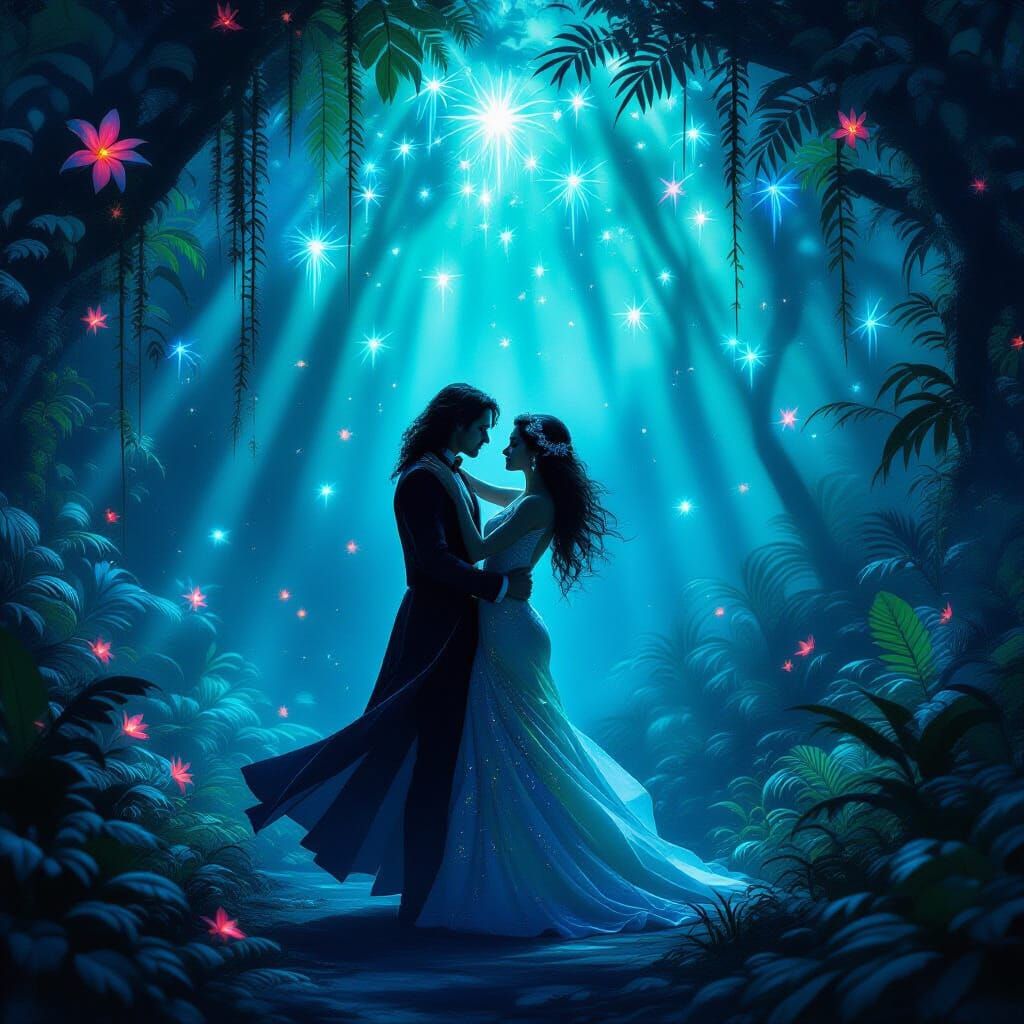 Couple Dances Under Bioluminescent Alien Canopy