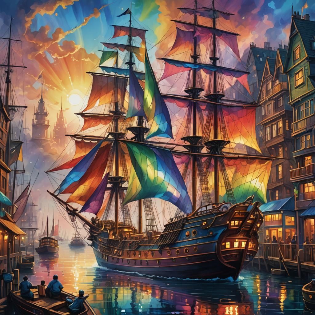 Rainbow Glass Ship in Harbour: Cartoon Oil Painting