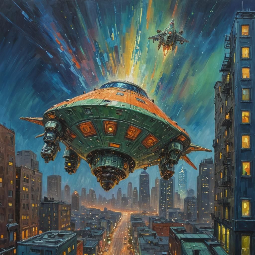 Robotic Invasion: Spaceship Over City in Neo-Impressionist S...